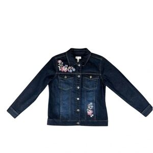 Embroidered Dark Blue Denim Jacket with Floral Accents